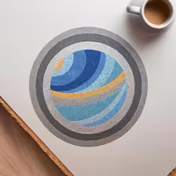 a white table has a blue, yellow, and black logo on it