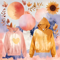 two sweatshirts sitting side by side in front of a mural of a sunflower and clouds,sunflowers and raindrops drawn on top of an oversize picture