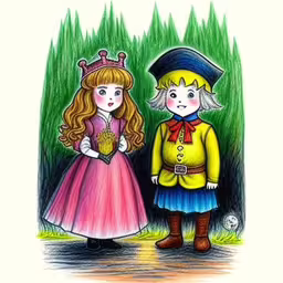 a drawing of two children dressed up in costumes,a little boy and girl dressed up in princess costume