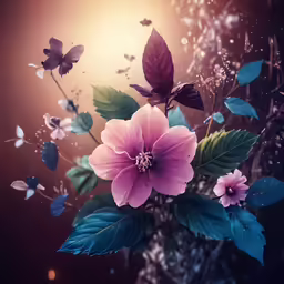 an artistic bouquet of flowers, purple and blue leaves, in a dark background