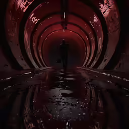 a person stands inside of a red tunnel