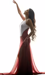 a woman in a red and white dress