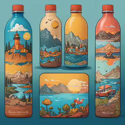 four empty bottles with scenic scenery on them,a collection of bottles that have colorful designs on them