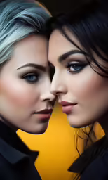 two females with very long black hair are posing