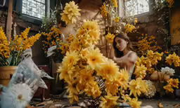 a girl sits near flowers in her studio