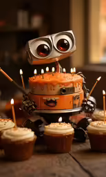 a toy robot sitting next to cup cakes with candles