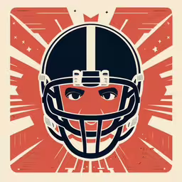 a football player wearing a helmet, with the background red and blue,an illustration of a football helmet in the middle of a picture,an american football helmet on the cover of a magazine,a helmet on top of an image of a football player,a helmet with an interesting design and a sunburst behind it