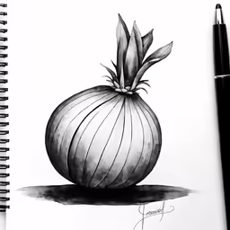 pencil drawing of a onion on a notebook