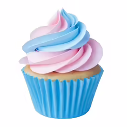 a blue cupcake with icing on a white background