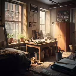 a room with lots of windows and a desk in the corner