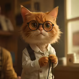a cat with glasses on a shoulder and a backpack