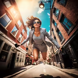 a beautiful woman in grey dress and sunglasses jumping up into the air