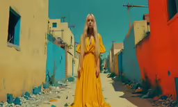 a woman is standing in the middle of an alley way