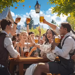 a group of people that are holding beer