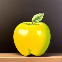 an oil painting of an apple sitting on a shelf,an oil painting of a yellow apple on a wooden table,an oil painting of a yellow apple on a shelf,a yellow apple with green leaves on it,an apple with a green leaf sitting on top of a table
