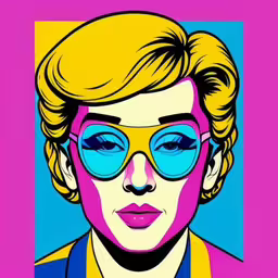 a pop art of marilyn monroe with sunglasses on,a painting of a person with a blue glasses on