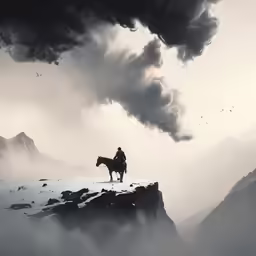 a horse riding on top of a snow covered mountain