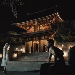 a man and a woman standing near a stone structure