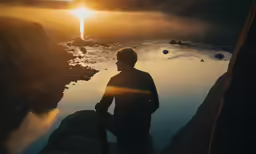 a person standing on rocks overlooking water and fog