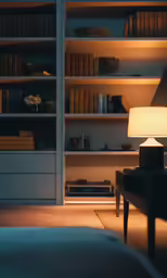 a bed room with a neatly made bed and some book cases