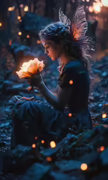 a girl sits in a field holding a flower and looking at it