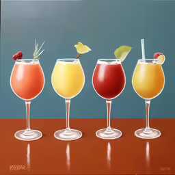 a collection of wine glasses with different flavors of alcohol