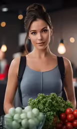 a woman standing in front of a display of vegetables