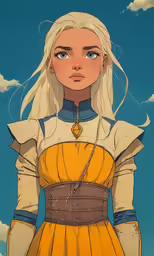 a cartoon of a girl with white hair and a yellow dress
