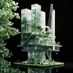 a tall tower with lots of windows and greenery