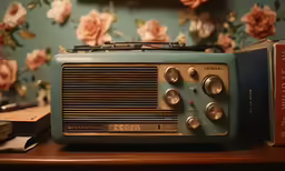 an old radio set sits next to a box