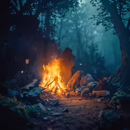 a camp fire in the woods with dark lighting