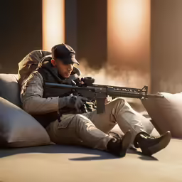 a man in winter clothes holding a rifle while sitting on the ground