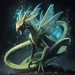 a green fantasy dragon is in a dark area