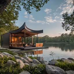 a gazebo in the park with benches near water