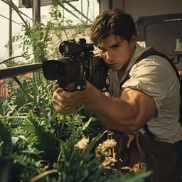 a man holding a camera in front of some plants