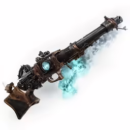 a steampunk gun with smoke billowing out of it