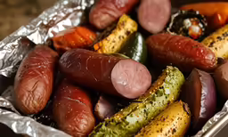 various sausages, potatoes and carrots in a tin foil