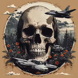 a skull with two jets flying above,a skull with a plane in the sky over it