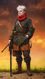 the woman is wearing old uniforms, and has a large hat with long hair,a person in a military uniform holding a gun