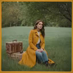 a woman with luggage sitting in the grass