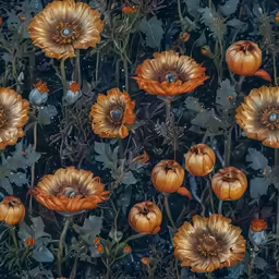 some orange flowers and foliage on a black background
