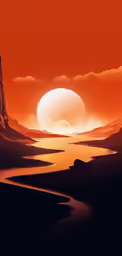 a picture of a red sky with a lake