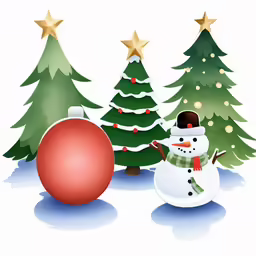 a snowman and christmas trees with one red ornament