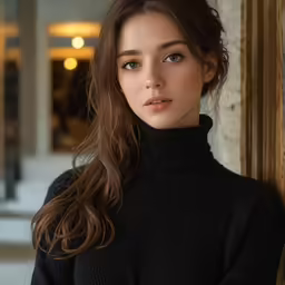 young woman leaning up against the wall with brown hair