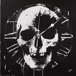 a black and white poster with a skull clock