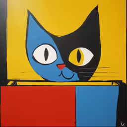 a painting of a cat with an orange, blue and black cat