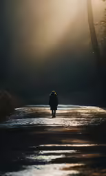 the person is walking on the wet path in the woods