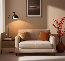 a white couch sitting under a window with a vase of flowers