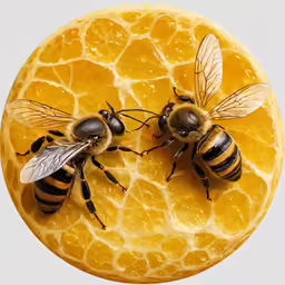 two bees are laying on top of an orange