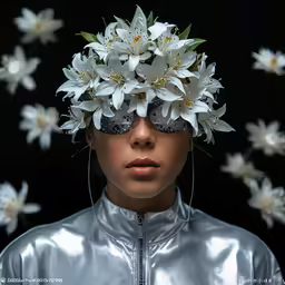 a model with flower headpiece made out of metal